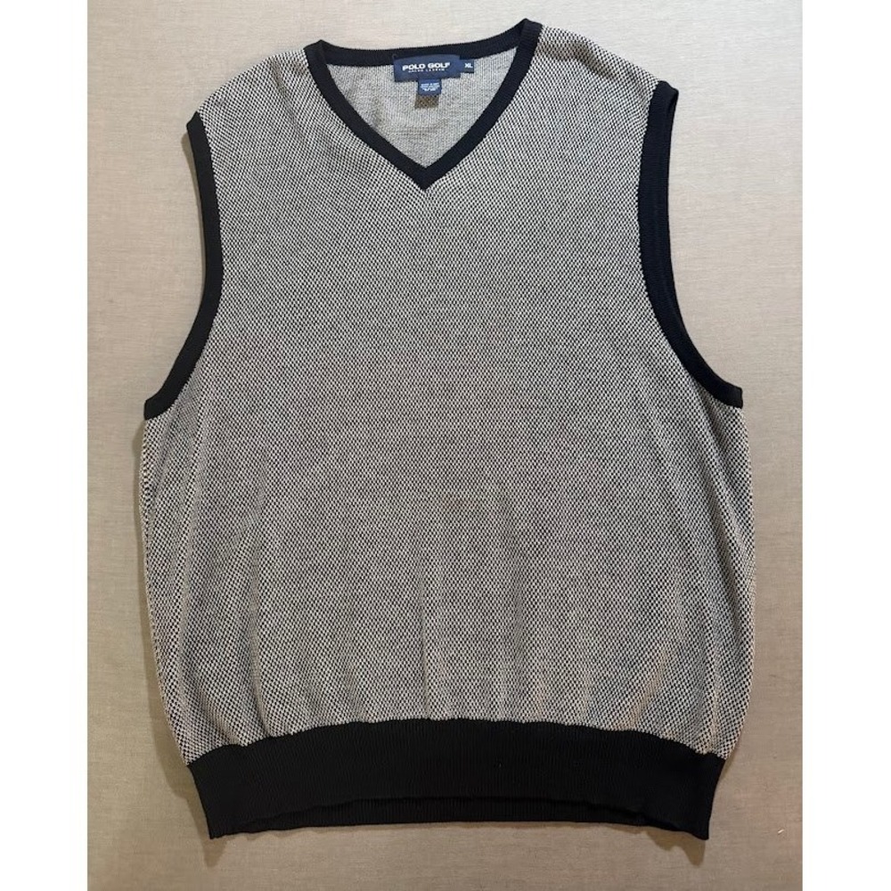 Vintage POLO GOLF Ralph Lauren Mens V Neck Sweater Vest XL Beige Black Knit USA